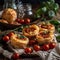 Sun-dried tomato and feta puff pastry bites in warm vibrant light. Baked snacks.