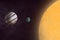 Sun, Earth and Jupiter in Space, illustration with planets and stars, Space exploration picture with stars and orbits