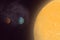 Sun, Earth and Mars in Space, illustration with planets and stars, Space exploration picture with stars and orbits