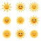 Sun emoji. Funny summer spring sunshine rays sun baby happy morning emoticons. Cartoon sunny smiling faces vector solar icons