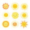 Sun emoji. Funny summer sunshine, sun baby happy morning emoticons. Cartoon sunny smiling faces vector icons