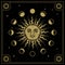 Sun face with moon orbits phases in line art, engraving, luxury theme for tarot reader