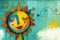 Sun with face painting on grunge background. Summer vacation concept