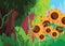 sun flower bloom in wild forest around trees and bush with bright sky scenery illustration cartoon drawing