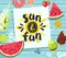 Sun and Fun card on blue wooden background.
