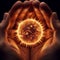 Sun globe symbol held in the hand by people. Universe creation concept.