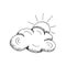 Sun is hiding from the cloud. Summer cloudy weather, forecast. Vactor hand drawn sketch illustrations in doodle outline style.