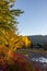 Sun highlights the autumn colored trees along the Naches River.