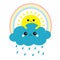 Sun holding cloud, rainbow set. Smiling and sad face. Rain drop weather. Friends forever. Fluffy clouds. Cute cartoon cloudscape.