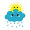 Sun holding cloud set. Rain drop weather. Smiling and sad face. Friends forever. Fluffy clouds. Cute cartoon cloudscape. Cloudy we