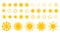 Sun icons. Isolated yellow suns, flat and sketch sunny elements. Spring summer season, good hot weather vector symbols