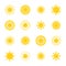 Sun icons. Simple solar labels, different shapes sunburst, decorative weather elements, yellow sunshine signs, rays