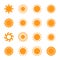 Sun icons. Yellow star pictogram, summer heat, sunlight, nature sunset or bright morning trendy symbol for website