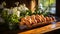 Sun-kissed eggs on a wooden table beside a window with fresh herbs