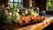 Sun-kissed eggs on a wooden table beside a window with fresh herbs