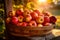 Sun-kissed harvest, full basket of red organic apples with yellow leaves