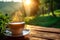 Sun kissed morning Coffee cup on wood, natures awakening backdrop