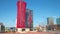 Sun light barcelona city famous red tower hotel porta fira 4k time lapse spain