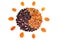 The sun, lined with dark and light dried grapes in the form of Y