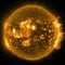 The sun with lots of yellow solar flares. Generative AI