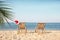 Sun loungers and Santa`s hat on beach, space for text. Christmas vacation