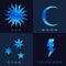 Sun moon star and thunder Blue low poly vector set design