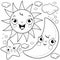 Sun moon and stars. Vector black and white coloring page.