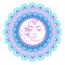 Sun Moon symbols as a face inside ornate colorful mandala. Round