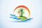 Sun palm trees waves tropical logo id card vector