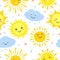 Sun pattern. Sunshine, hot summer and happy sunrise, yellow sunlight circles, solar and sunny weather Seamless vector
