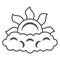 Sun peeps out through cloud thin line icon, weather and climate concept, partially cloudy vector sign on white