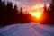 Sun pillar over winterly road in lapland