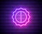 Sun pink glowing neon ui ux icon.Brightness mobile Glowing sign logo vector isolated on brick wall backogrund