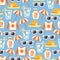 Sun protect seamless pattern with lotion, sun glasses, beach umbrella