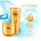 Sun protection cosmetic products, sun care. 3D illustration. Vector mock up for magazine or ads