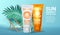 Sun protection cosmetic realistic ads poster. Orange and white plastic tube with sunscreen product near tropical palm
