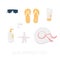 Sun protection kit. Sunscreen SPF 25, cream SPF 50, hat, glasses, slates, starfish. Vector illustration of sunscreen cosmetic