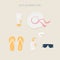 Sun protection kit. Sunscreen SPF 25, Cream SPF 50, hat, glasses, slates. Vector illustration of sunscreen cosmetic products: oil
