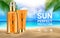 Sun Protection Sunscreen Sprays Tube of Sunscreen Cream for the Face Palm Branches Marine Background. Concept