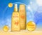 Sun protection, sunscreen and sunbath cosmetic products design face and body lotion with UV protection on palm beach