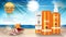 Sun protection, sunscreen and Sunblock ads design. Cosmetic Face and body lotion banner with sea shells and palm trees