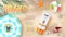 Sun protection, sunscreen and Sunblock ads design, top view. Cosmetic banner with sea shells and tropical plants on