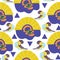 Sun, purple water and colorful waves, in a groovy seamless pattern