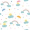 Sun rainbow clouds umbrella stars, seamless background,  vector illustration, cartoon pattern