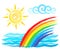 Sun, rainbow and sea, artistic brush drawing