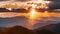 Sun rays illuminate clouds above scenic mountain landscape, Dramatic sunset sky and sun rays light over mountains, AI Generated
