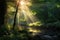 sun rays illuminating a secluded forest glade