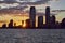 Sun-rays at Sunset photography of Jersey City shoreline office towers, New JerseyUSA