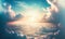 Sun Rise in Cloudy Sky Background, Dramatic Sunrise, Airplane View Above Clouds, Generative AI Illustration