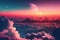 Sun Rise in Cloudy Sky Background, Dramatic Sunrise, Airplane View Above Clouds, Generative AI Illustration